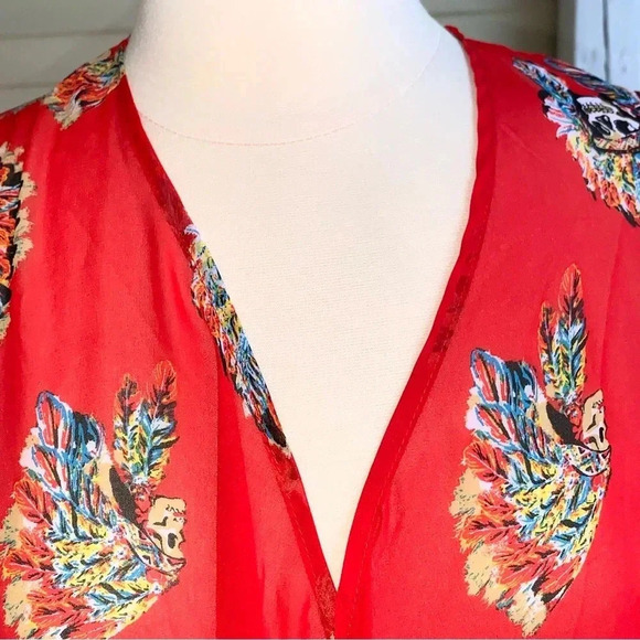 Giddy Up Glamour Kimono Cardigan Chiffon Red Cowboy Skull Print S/M *read - Picture 5 of 8
